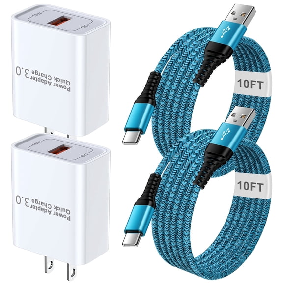 Type C Charger Block,Hootek 2 Pack USB Wall Charger with 10FT Type C Cable, 18W Fast Charging Block USB Charger Adapter with USB C Charing Cable Type C Block USB Plug Cube USB Cables USB Brick, Blue