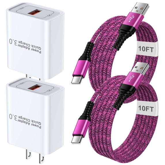 Type C Charger Block,Hootek 2 Pack USB Wall Charger with 10FT Type C Cable, 18W Fast Charging Block USB Charger Adapter with USB C Charing Cable Type C Block USB Plug Cube USB Cables USB Brick, Pink