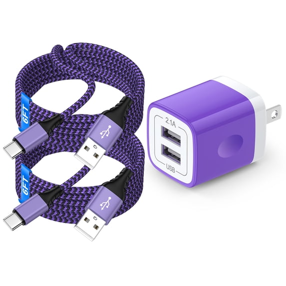 Type C Charger, USB Wall Charger with 2 Pack 6FT Type C Charging Cable Cord USB-C Charging Cable, Dual Port Phone Charger Android Fast Charger Block USB Plug Adapter USB Charging Block[Purple]