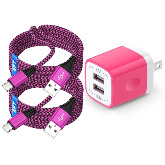 Type C Charger, USB Wall Charger with 2 Pack 6FT Type C Charging Cable Cord USB-C Charging Cable, Dual Port Phone Charger Android Fast Charger Block USB Plug Adapter USB Charging Block[Pink]