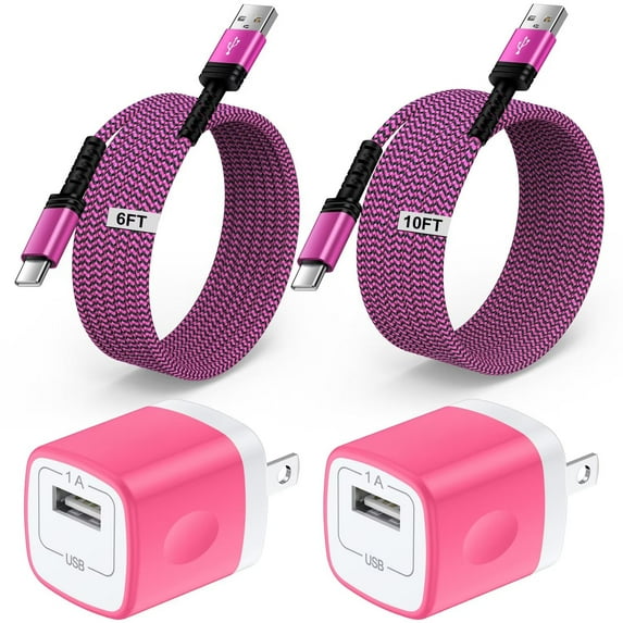 Type C Charger Block,with 2PACK 3A Fast Charging Cable 10FT/6FT 5V/1A Usb Wall Charger Block Adapter Plug Brick Phone Chargers for Android Phone Charger Block Type C,Rose