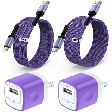 Type C Charger Block,with 2PACK Android Charger Fast Charging Cable 6ft/10ft 5V/1A Usb Charger Block Wall Adapter Plug Brick Phone Chargers for Android Phone Charger Block Type C,Purple