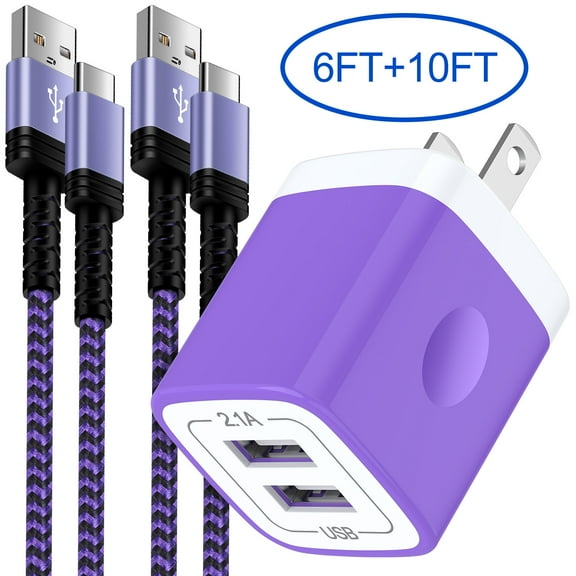 Type C Charger Block,with 2PACK Android Charger Fast Charging Cable 6ft/10ft 5V/2.1A Dual Usb Charger Block Wall Adapter Plug Brick Phone Chargers for Android Phone Charger Block Type C,Purple