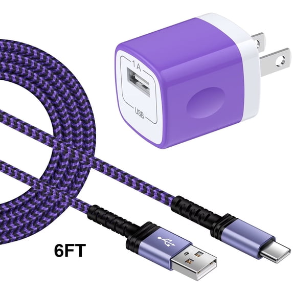 Type C Charger Block,with 3A Android Charger Fast Charging Cable 6FT 5V/1A Usb Charger Block Wall Adapter Plug Brick Phone Chargers for Android Phone Charger Block Type C,Purple