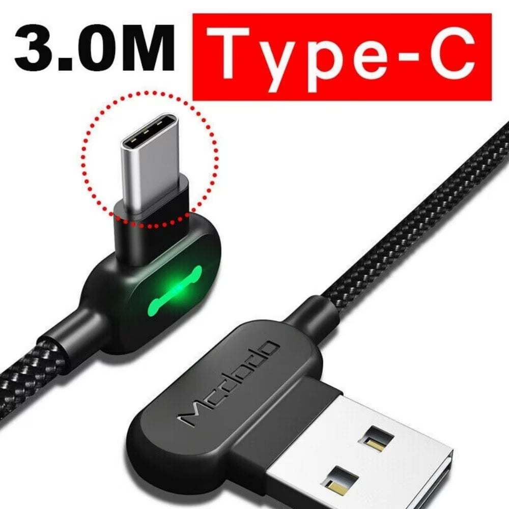 Type-C Charger Cable 10FT/3M Lightning Cable Right Angle Lightning Charging  Cord Nylon Braided 90 Degree Fast Charging Cable for Game Video （Black） 
