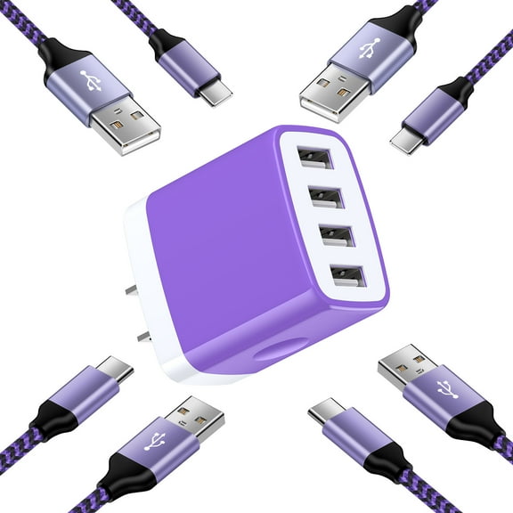 Type C Charger,Charging Block HopePow 4.8A/5V 4-Ports Multi Usb Wall Charger Adapter Plug with 4PCS Type C Charger Fast Charging Cables 6ft USB C Cable High Speed Android Charger Phone Cords,Purple