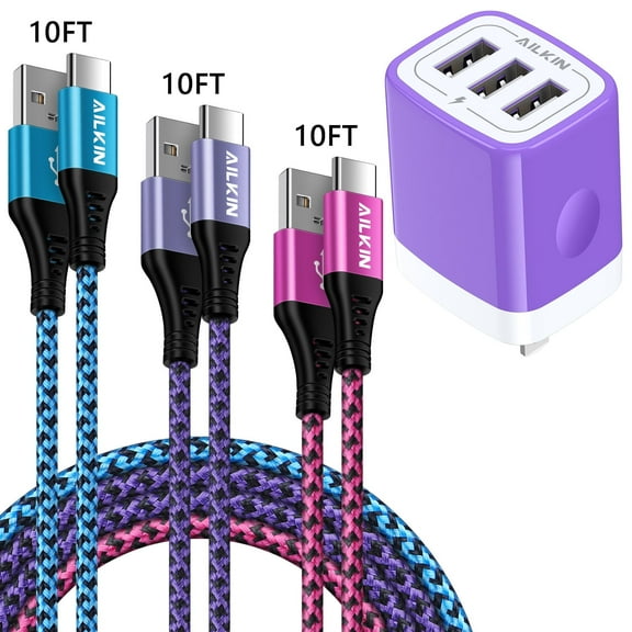 Type C Charger Fast Charging 10 Feet,AILKIN Three Port Usb Charger Block Plug Adapter 3PCS Usb C Charging Cable10ft Usb A to Usb C Cable High Speed Phone Cord Android Fast Charger Block,Multicolor