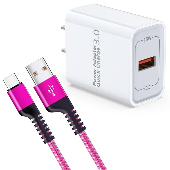 Type C Charger Fast Charging 18W Charger Adapter with USB C Cable 6FT Fast Charging Nylon Braided Type C Charger Cable for Samsung, Pink