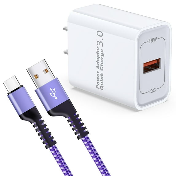 Type C Charger Fast Charging 18W Charger Adapter with USB C Cable 6FT Fast Charging Nylon Braided Type C Charger Cable for Samsung, Purple
