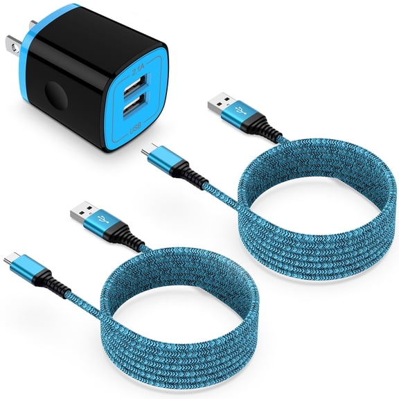 Type C Charger Fast Charging, 2.1A Dual Port Wall Charger Block with 2Pack USB C Charging Cable 10FT, UCB C Block Type C Block Brick Cube Power Base Charger Adapter Plug Compatible for Android,Blue