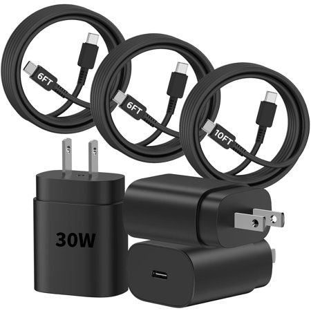 Type C Charger, 2Pack 30W USB C Super Fast Charging Block with 2*6FT&10FT Android Charger Cable Compatible with Samsung Galaxy S25/S24/S23 Ultra/S23+/S22/S21/S20/iPhone 16/15 Case