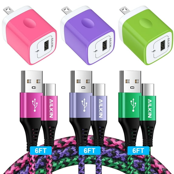 Type C Charger,Fast Charging Block Type C,AILKIN 3PACK Usb Charger Block Plug Adapter 3PCS Usb C Charging Cable 6ft Usb A to Usb C Cable High Speed Phone Charger Cord Android Fast Charger Block