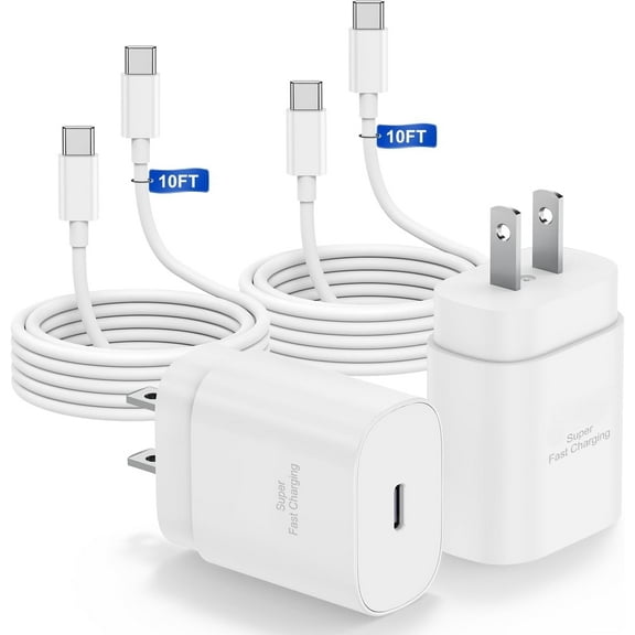 Type C Charger Fast Charging Compatible for Samsung 25W Charger, 2-Pack USB C Fast Wall Charger Block with 10FT Type C to C Cable Compatible for Samsung Galaxy S25/S24/S23/S22/S21/S20/Note 20