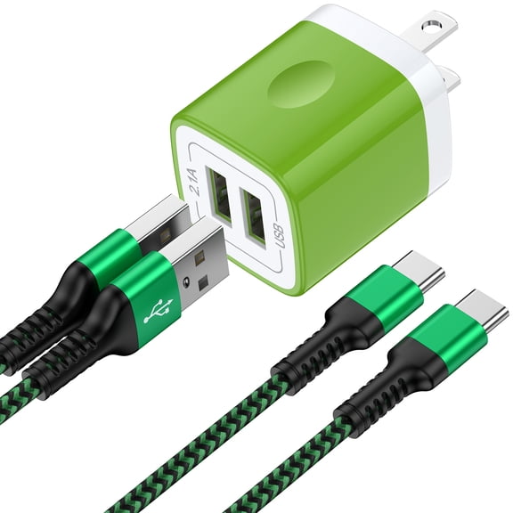 Type C Charger Fast Charging, Dual Port Charger Block with 2pcs USB C Cable 10FT, USB C Block Wall Charger Adapter Plug Charger Station w/ Type C Charging Cable Compatible for iPhone, Android, Green