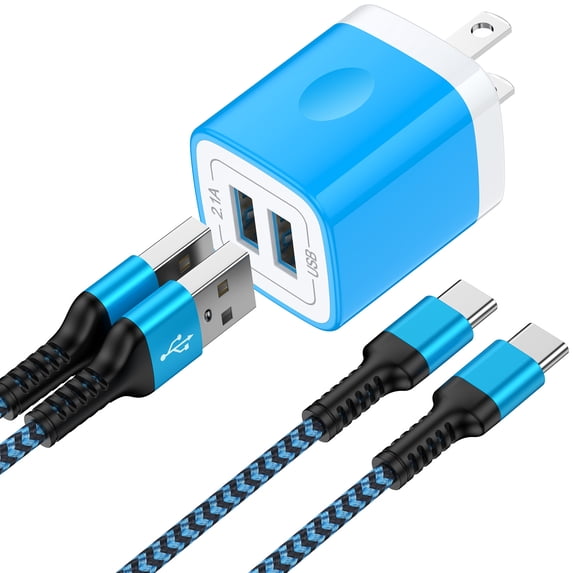 Type C Charger Fast Charging, Dual Port Charger Block with 2pcs USB C Cable 10FT, USB C Block Wall Charger Adapter Plug Charger Station w/ Type C Charging Cable Compatible for iPhone, Android, Blue