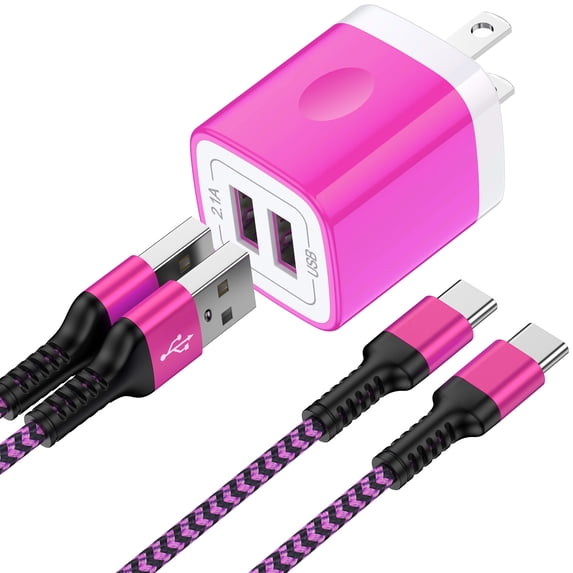 Type C Charger Fast Charging, Dual Port Charger Block with 2pcs USB C Cable 10FT, USB C Block Wall Charger Adapter Plug Charger Station w/ Type C Charging Cable Compatible for iPhone, Android, Pink