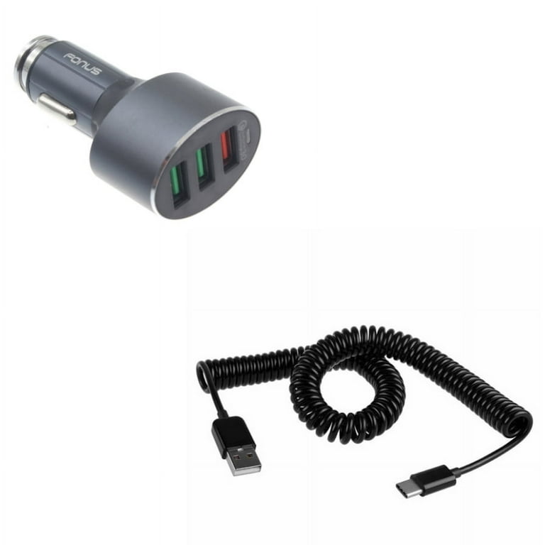 Type-C Coiled USB Cable w 3-Port USB 42W Quick Car Charger Z3R for