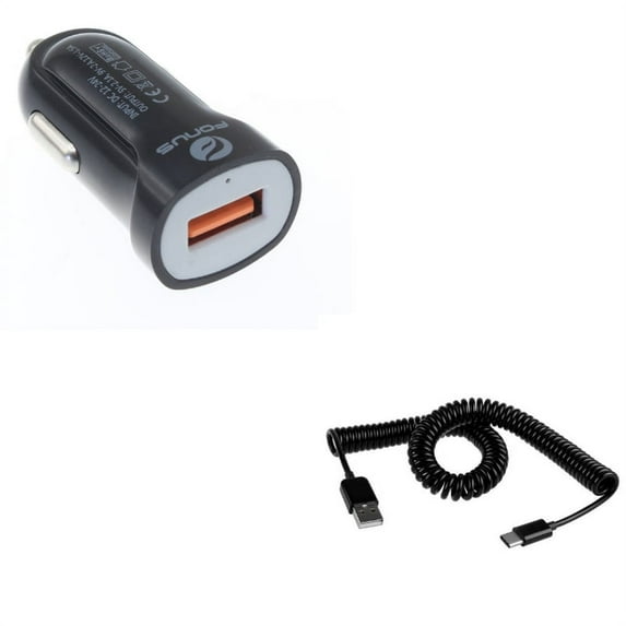 Type-C Coiled USB Cable w Fast USB Port 18W Car Charger Q1M for Acer Liquid Jade Primo - Alcatel PulseMix, 7, Idol 5S 5 4S - ASUS Zenfone V Live, ROG Phone, AR 6 5z 4 Pro - Blackberry Motion