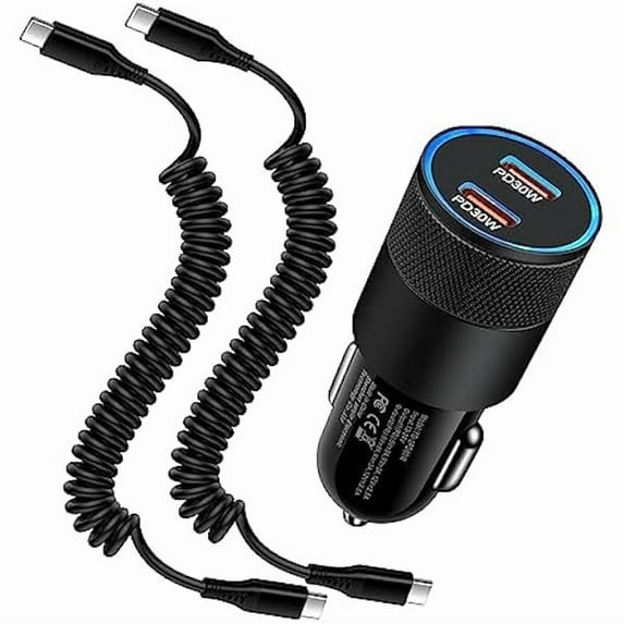 Type C Fast Car Charger for Samsung Galaxy S25 Ultra/S24/A55/A16/A15/A35/A54/S24 Ultra/S23,iPhone 16 Pro Max,Pixel 9 8,60W Dual USB-C Car Rapid Charger Adapter+2Pack 3FT Android Coiled USB C PD Cable