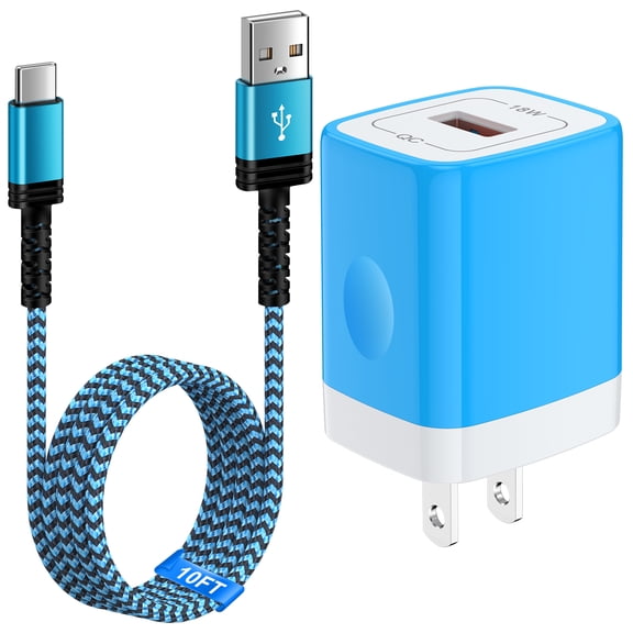 Fast Charger Block, 18W USB Charging Block with 10FT USB C Charger Cable Fast Charging Cable Cord USB to Usb C Cable, USB Wall Charger Quick Charger Android Charger USB Plug Adapter USB Brick[Blue]