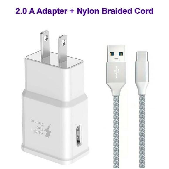 Type-C Fast Charger EP-TA20JWE and 3ft White Braided USB Type C Cable for Galaxy S9 / S9+ / Note 9 / Note 8 / S8 / S8+/ Moto G6 / P20 Lite