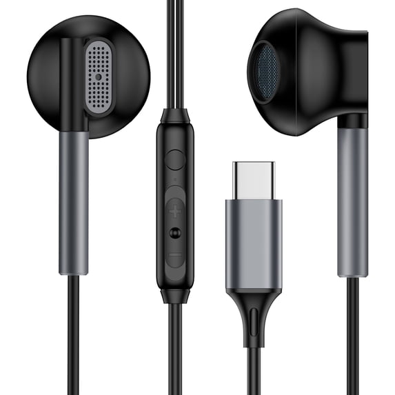 Type C Headphones Wired, FiveBox USB C in-Ear Wired Earbuds Type C Earphones with Microphone & Remote Control, Bass Stereo Noise Cancelling Headphone Compatible for iPhone, Samsung, Pixel, Black
