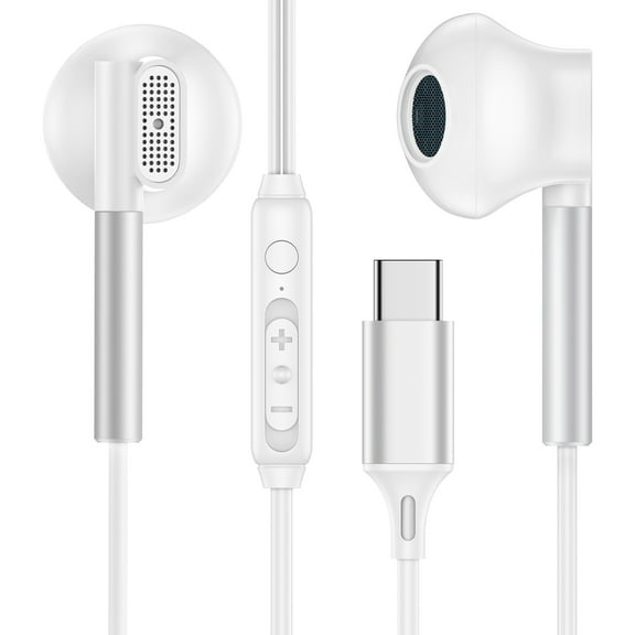 Type C Headphones Wired, FiveBox USB C in-Ear Wired Earbuds Type C Earphones with Microphone & Remote Control, Bass Stereo Noise Cancelling Headphone Compatible for iPhone, Samsung, Pixel, White