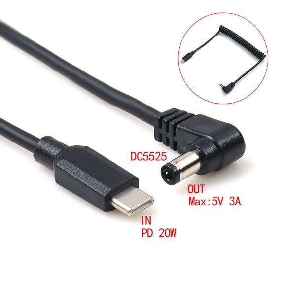 Type C Male to DC5525 Male Right Angle boost Coiled Cable Input 5V Output 3A with Tape Decoy Feature
