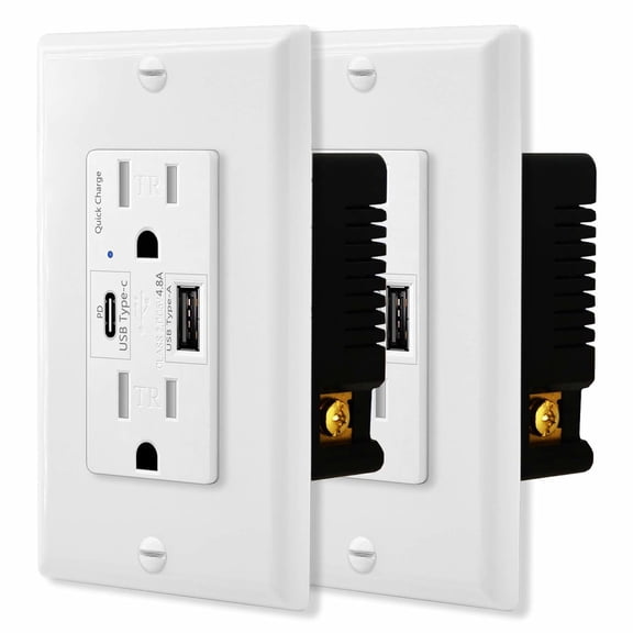 Type C Outlet on Wall,Nineleaf 2PK 21W 4.2A 2 Port USB Wall Outlet,15A Receptacle with Type C & USB Ports,Charger for iPhone 15/iPad/Samsung/Android Devices,TR UL Listed,White