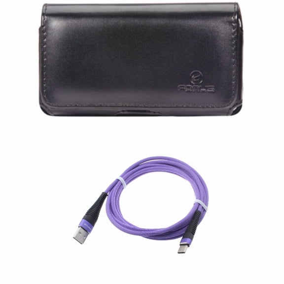 Type-C Purple 6ft USB Cable w Swivel Leather Case Belt Clip E3Y for Acer Liquid Jade Primo - ASUS ROG Phone, ZenFone 4 Pro - Blackberry Motion - BLU Vivo XI Plus - Google Pixel 3 XL 2 XL