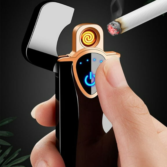 Type-C Rechargeable Electronic Lighter - Outdoor Windproof Cylindrical Fingerprint Sensing Lighter, Flameless USB Charging Lighter for Camping, Hiking, Travel, Daily Use & Emergency Ignition, Black