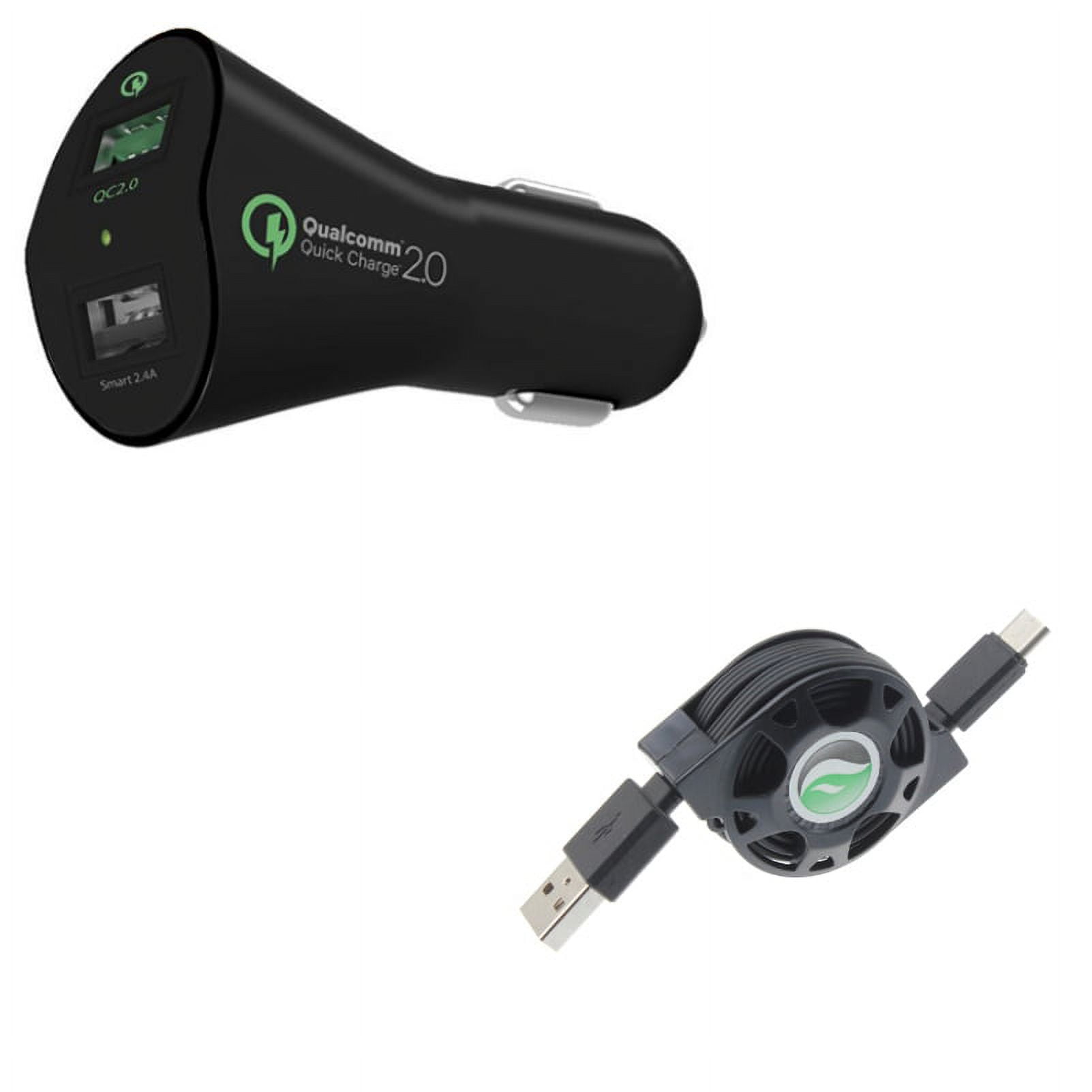Type-C Retractable USB Cable w 2-Port USB 30W Fast Car Charger L2X for Acer Liquid Jade Primo - Alcatel PulseMix, 7, Idol 5S 5 4S - ASUS Zenfone V Live, ROG Phone, AR 6 5z 4 Pro
