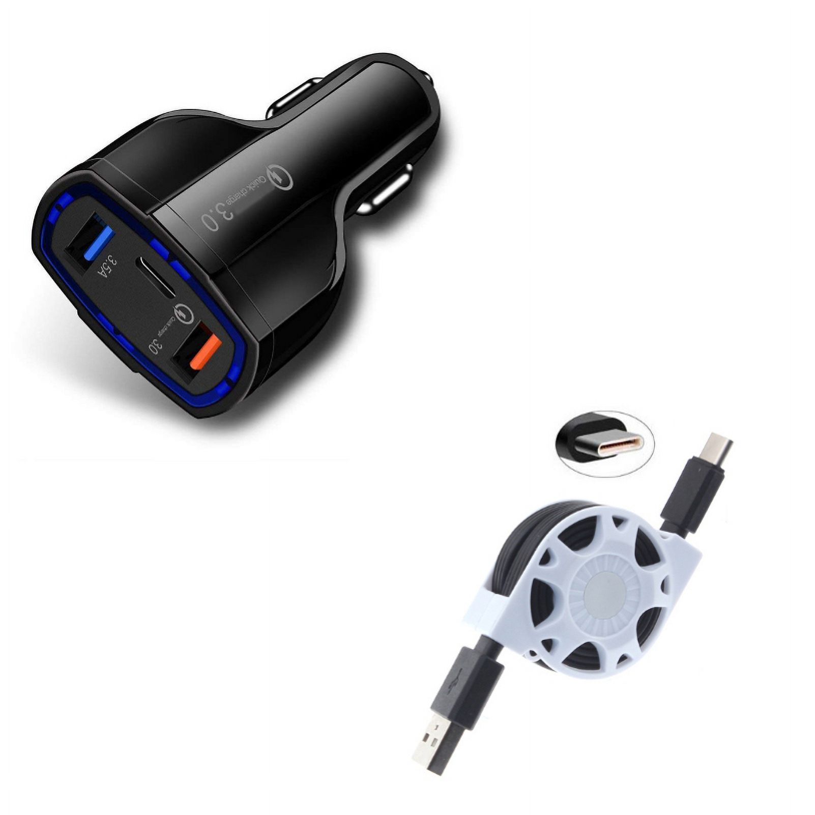 Type-C Retractable USB Cable w 3-Port USB 48W Quick Car Charger Q3X for LG Stylo 5 4 Plus - Microsoft Surface Go (10"), Lumia 950 - Motorola One, Moto Z4 Z3 Play Z2 Play Z Play Droid Force