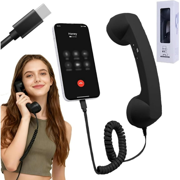 Type-C Retro Telephone Style Landline Handle Receiver, Telephone Handset for Mobile Phone, Vintage Wired Plug in Handheld Cell Phone Receiver with Microphone
