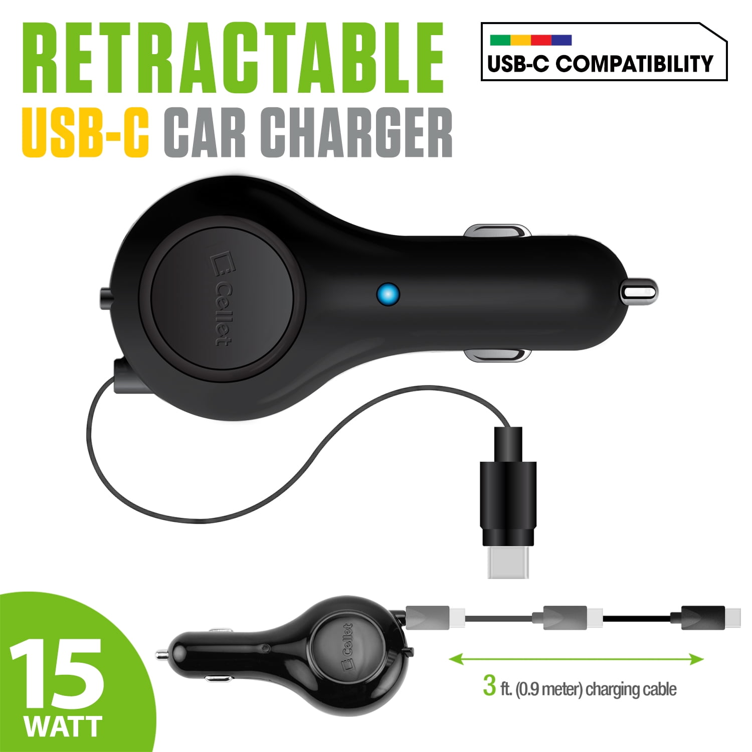 Cellet 15W Dual USB Car Charger With 4ft Type-C Cable - Fast Charging For Motorola, Samsung, IPhone & More