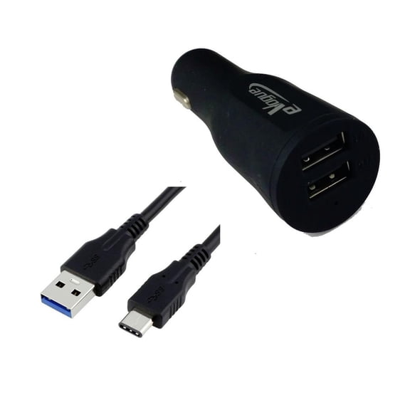 Type-C USB Car/DC Rubberized Charger for Alcatel Idol 4S with Windows, Alcatel PLUS 12 (Dual USB Port, Type-C USB Data Charging Cable included) - Black + MND Stylus