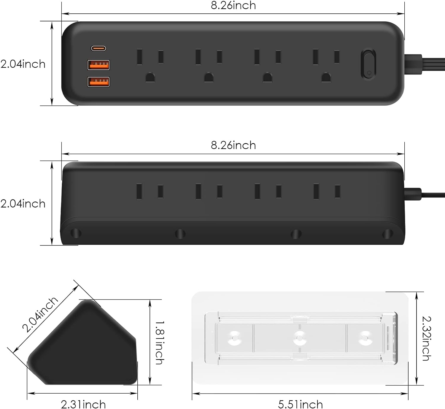 TypeC Under Desk Power Strip,Adhesive Wall Mount Power Strip with USB
