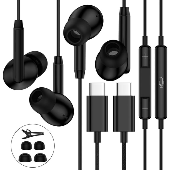 Type C Wired Headphones,2Pack USB C Wired Earbuds Type C Wired Earphones Noise Cancelling In Ear Buds w/ Microphone Remote Control USBC Headphone Compatible with iPhone 17 16 15 Samsung Android iPad