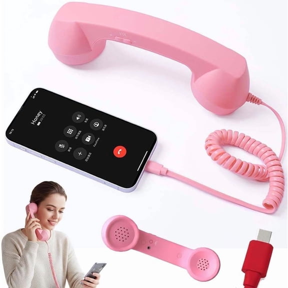 Type-C Wired Retro Phone Handset Landline-Style Receiver for Mobile Phones, Ideal for Video Conferences, Calls & Meetings (RL Pink, 1 PC)
