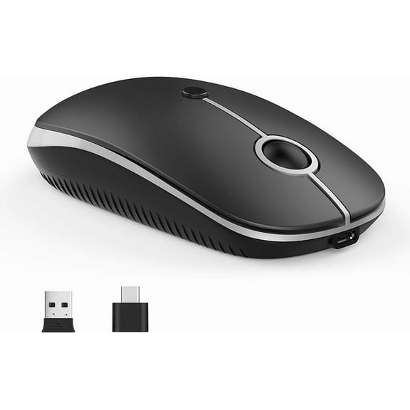 Type C Wireless Mouse, USB C MacBook Wireless Mouse Dual Mode 2.4G Cordless Mice with Nano USB and Type C Receiver Compatible with PC, Laptop, MacBook and All Type C Devices-Black and Silver