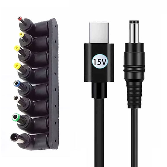 Type C to DC5521 5.5x2.1mm Power Cable 3.3ft 8 Interchangeable Tips PD5V-20V Optional for Various Electronic Devices