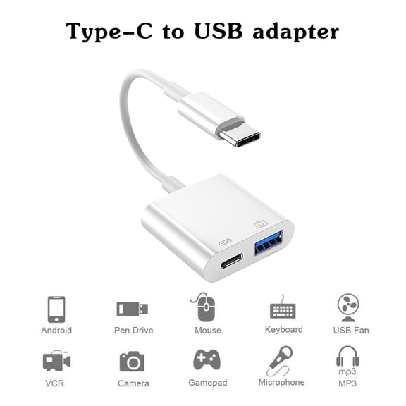 Type C to USB A Female Adapter, OTG Connector, TPE Cable, Support USB Flash Drive Mouse Keyboard, Fast Charging Data Transfer, White
