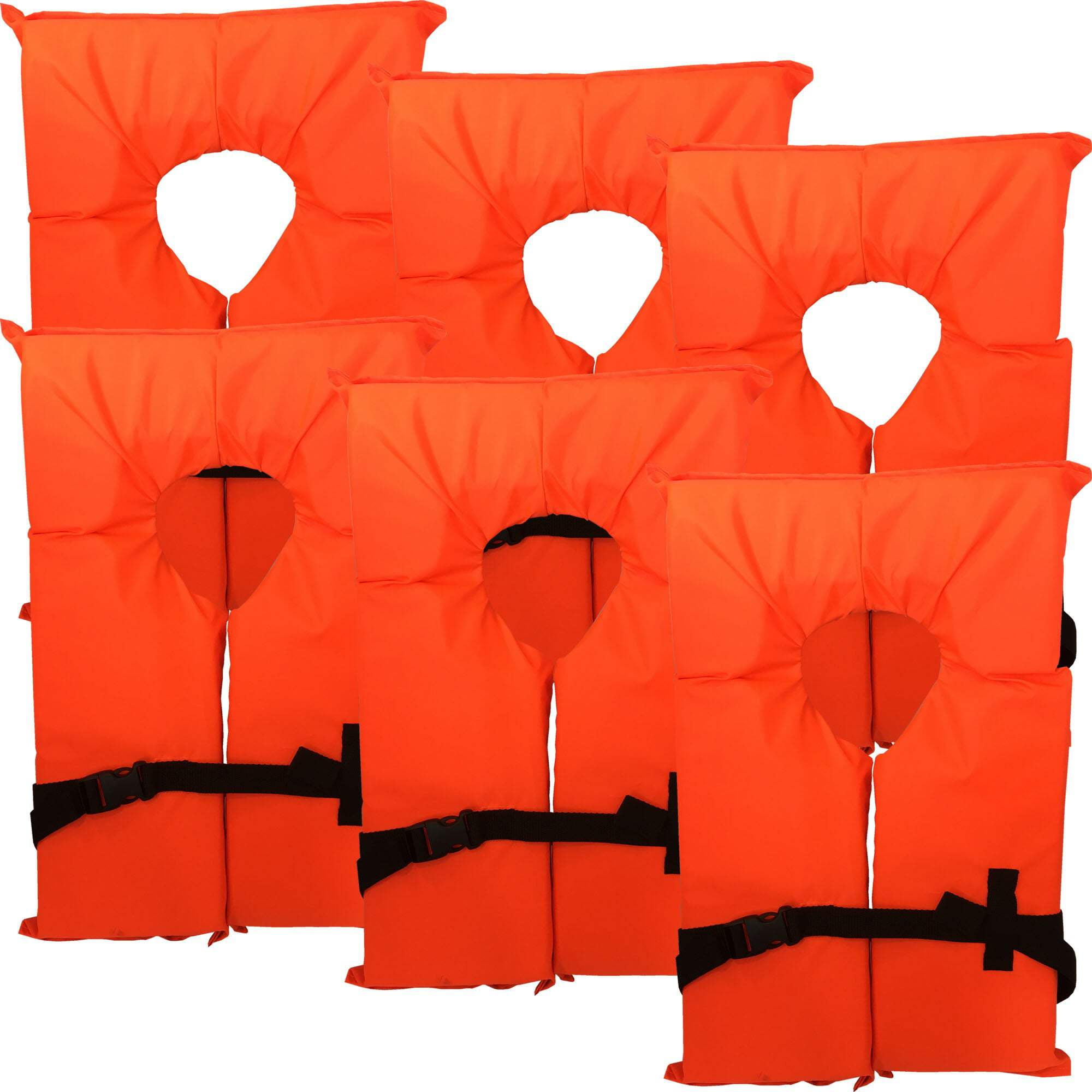6 Pack Coast Guard approved life jackets. High visibility color Type II keyhole life vest in classic May West style. Compliance flotation device