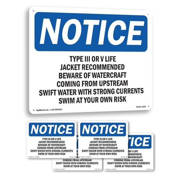 Type III Or V Life Jacket Recommended Beware OSHA Notice Aluminum Sign 18 Inch x 12 Inch - 5 Pack