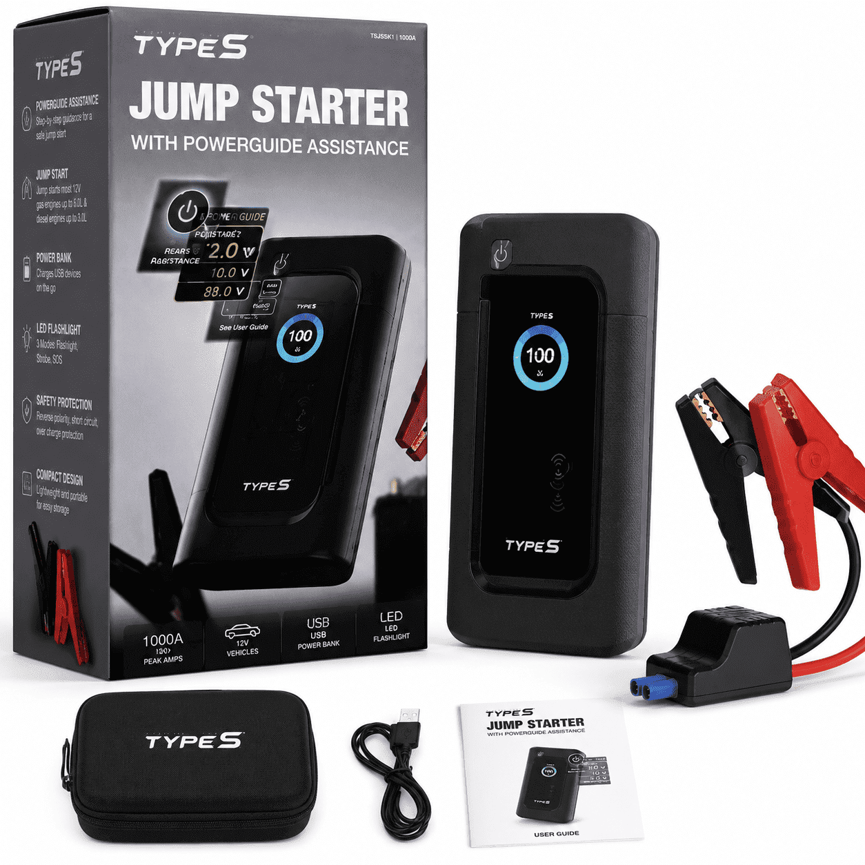 Type S Portable Jump Starter with PowerGuide Assistance, 1000 Peak Amps, USB Power Bank, Black