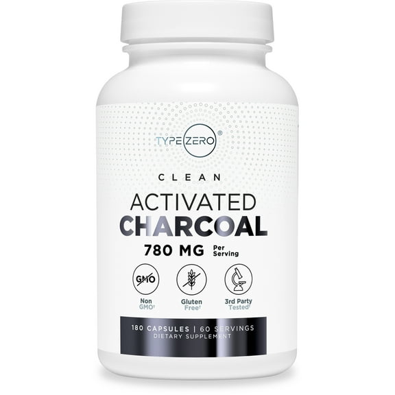 Type Zero Activated Charcoal Capsules (180 Count) - 60 Servings, 780mg Per Serving, from Coconut Shell, Non-GMO, Gluten-Free