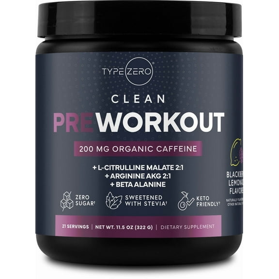 Type Zero Clean Pre Workout (Blackberry Lemonade) 21 Servings - 200mg of Organic Caffeine, Zero Sugar, Keto-Friendly