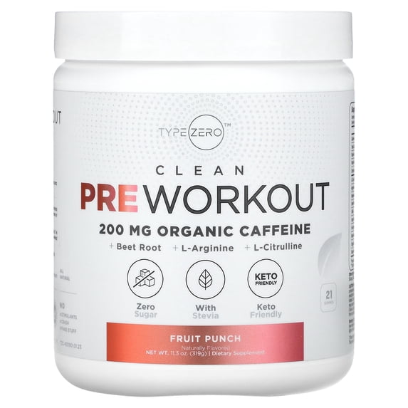 Type Zero Clean Pre Workout Powder (Tropical Fruit Punch) 21 Servings - 200mg of Organic Caffeine, Zero Sugar, Keto-Friendly