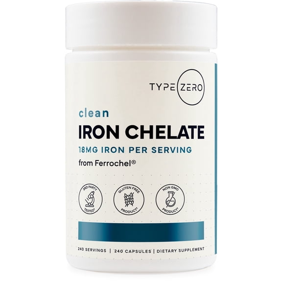 Type Zero Iron Chelate Capsules (18 MG, 240 CAPS) from Ferrochel - Non-GMO and Gluten Free