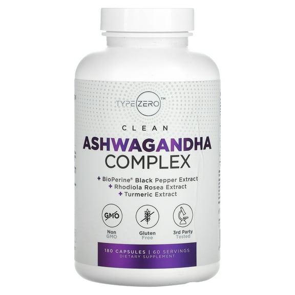 Type Zero KSM-66 Ashwagandha Root Extract 1,200mg, 60 Servings - High Potency 5% Withanolides - with Turmeric, Rhodiola Rosea and BioPerine Black Pepper Extract - 180 Veggie Caps
